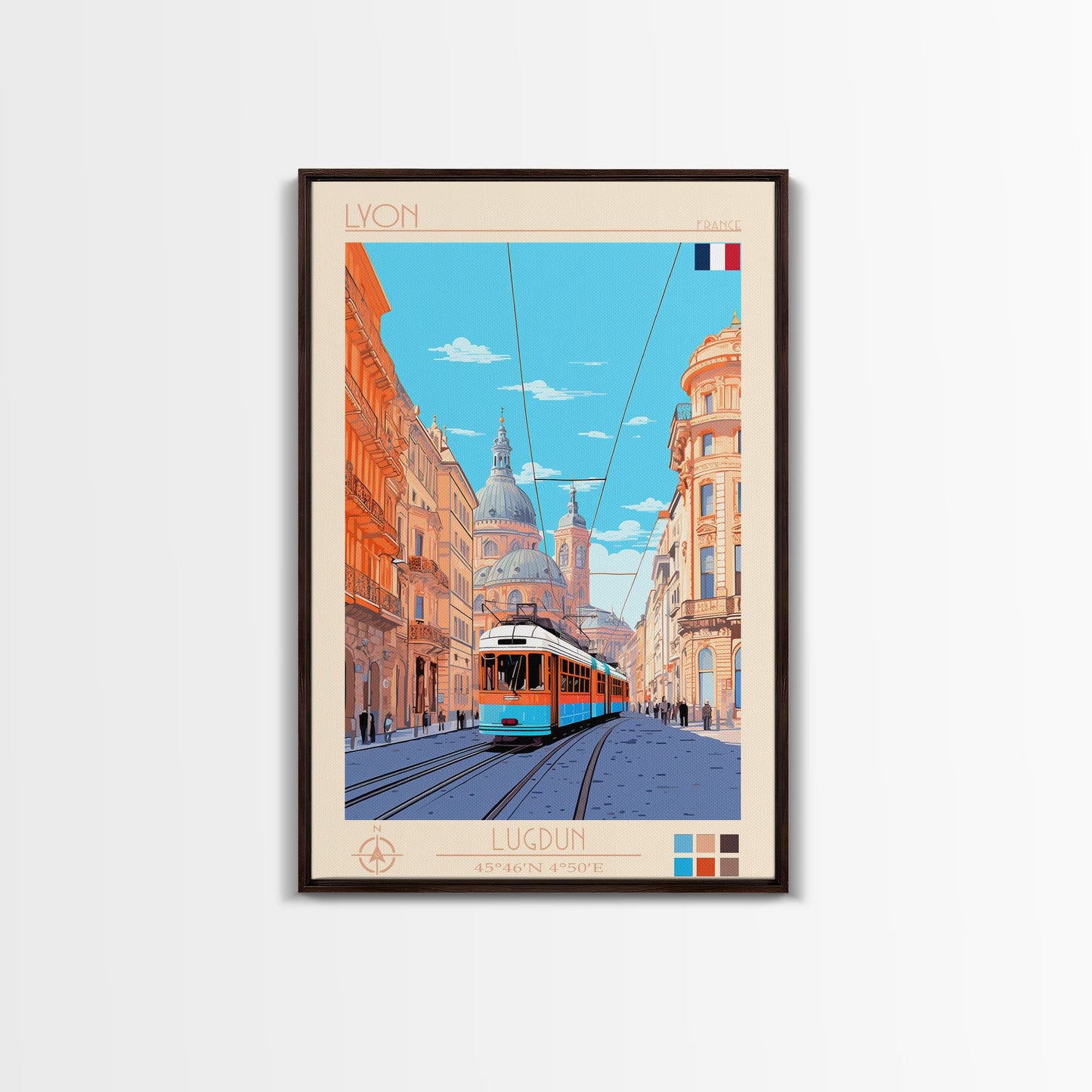 Lyon France Travel Poster Framed Canvas Print, Midcentury Modern Art, Pop Art Wall Decor, Scenic Bedroom Art, Office Decoration