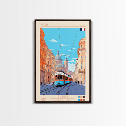 Lyon France Travel Poster Framed Canvas Print, Midcentury Modern Art, Pop Art Wall Decor, Scenic Bedroom Art, Office Decoration