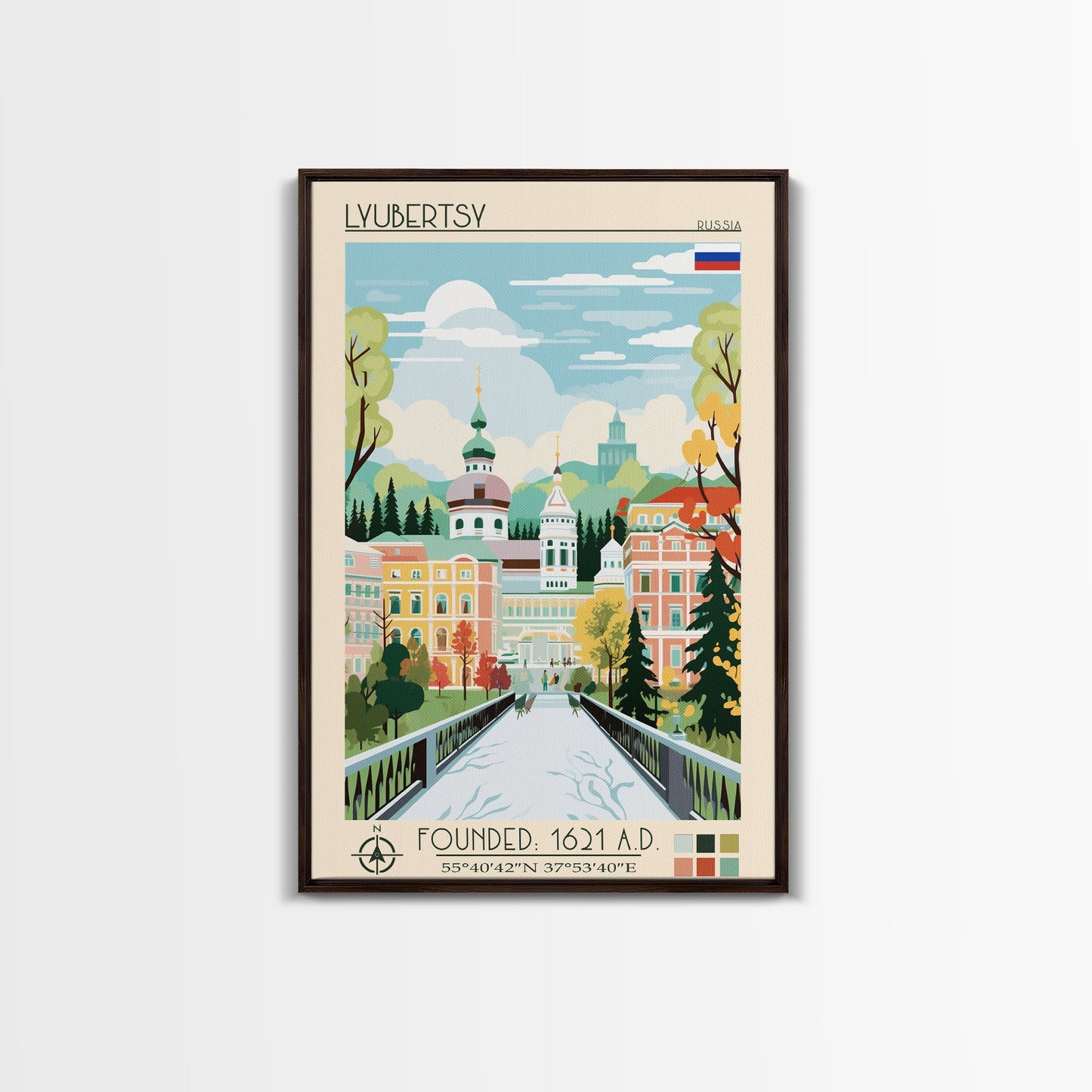 Lyubertsy Russia Travel Poster Framed Canvas Print, Midcentury Modern Art, Pop Art Wall Decor, Scenic Living Room Art, Bedroom Decor