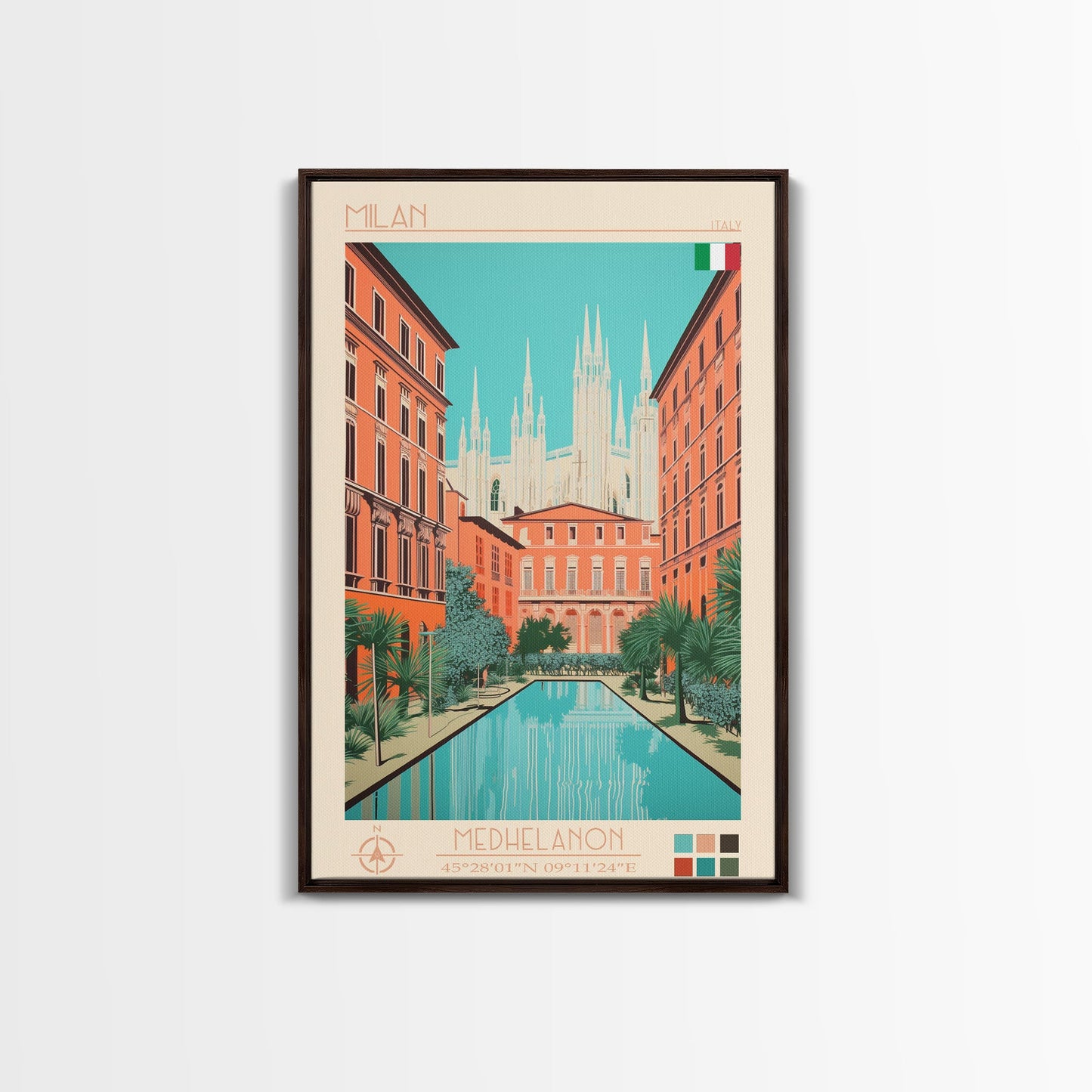 Milan Italy Travel Poster Framed Canvas Print, Midcentury Modern Art, Pop Art Wall Decor, Scenic Bedroom Art, Office Decoration