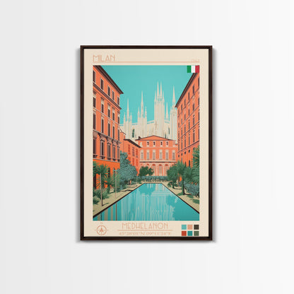 Milan Italy Travel Poster Framed Canvas Print, Midcentury Modern Art, Pop Art Wall Decor, Scenic Bedroom Art, Office Decoration