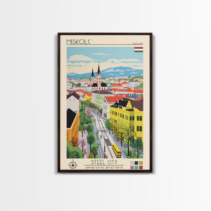 Miskolc Hungary Travel Poster Framed Canvas Print, Midcentury Modern Art, Pop Art Wall Decor, Scenic Living Room Art, Bedroom Decor