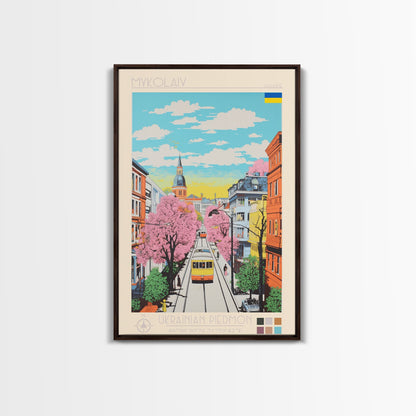 Mykolaiv Ukraine Travel Poster Framed Canvas Print, Midcentury Modern Art, Pop Art Wall Decor, Scenic Bedroom Art, Office Decoration