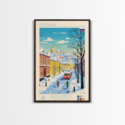Mytishchi Russia Travel Poster Framed Canvas Print, Midcentury Modern Art, Pop Art Wall Decor, Scenic Living Room Art, Bedroom Decor