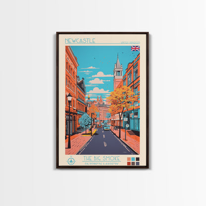 Newcastle United Kingdom Travel Poster Framed Canvas Print, Midcentury Modern Art, Pop Art Wall Decor, Scenic Living Room Art, Bedroom Decor