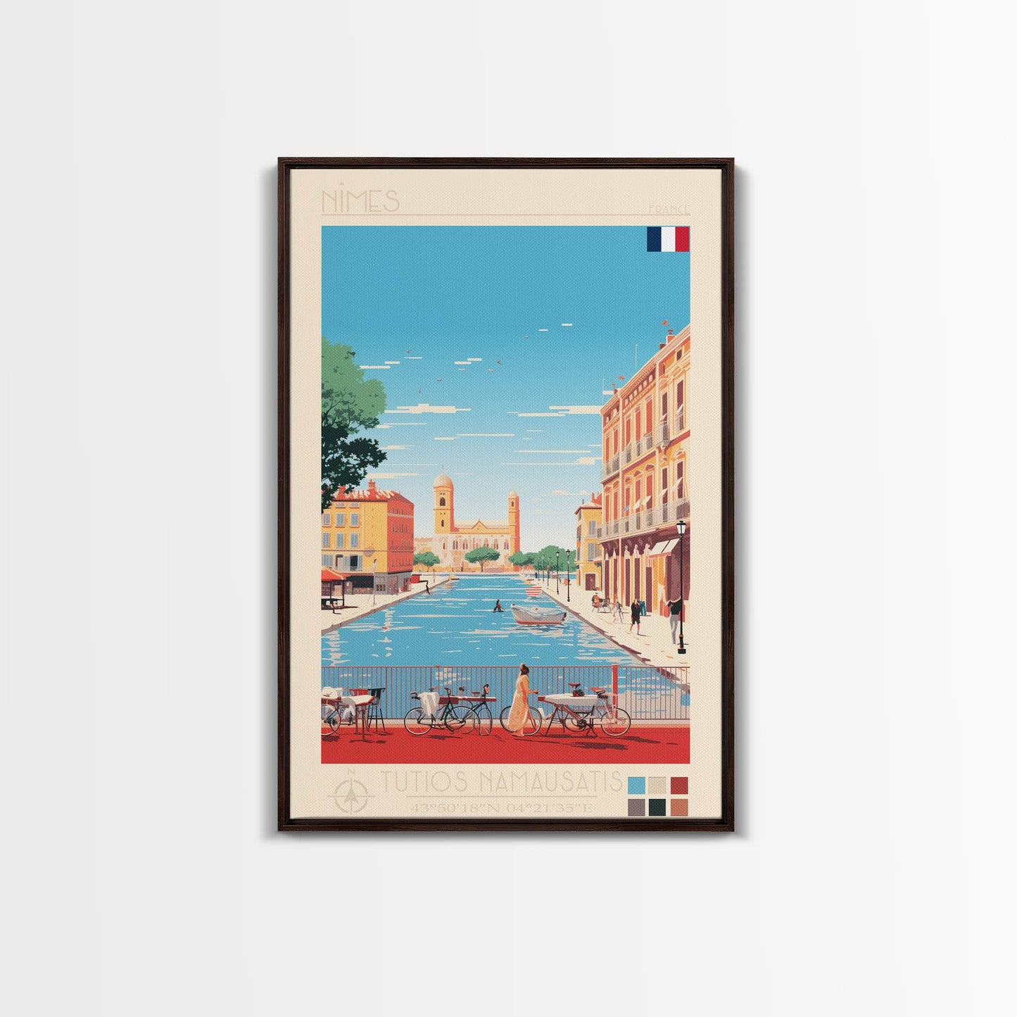 Nimes France Travel Poster Framed Canvas Print, Midcentury Modern Art, Pop Art Wall Decor, Scenic Living Room Art, Bedroom Gift