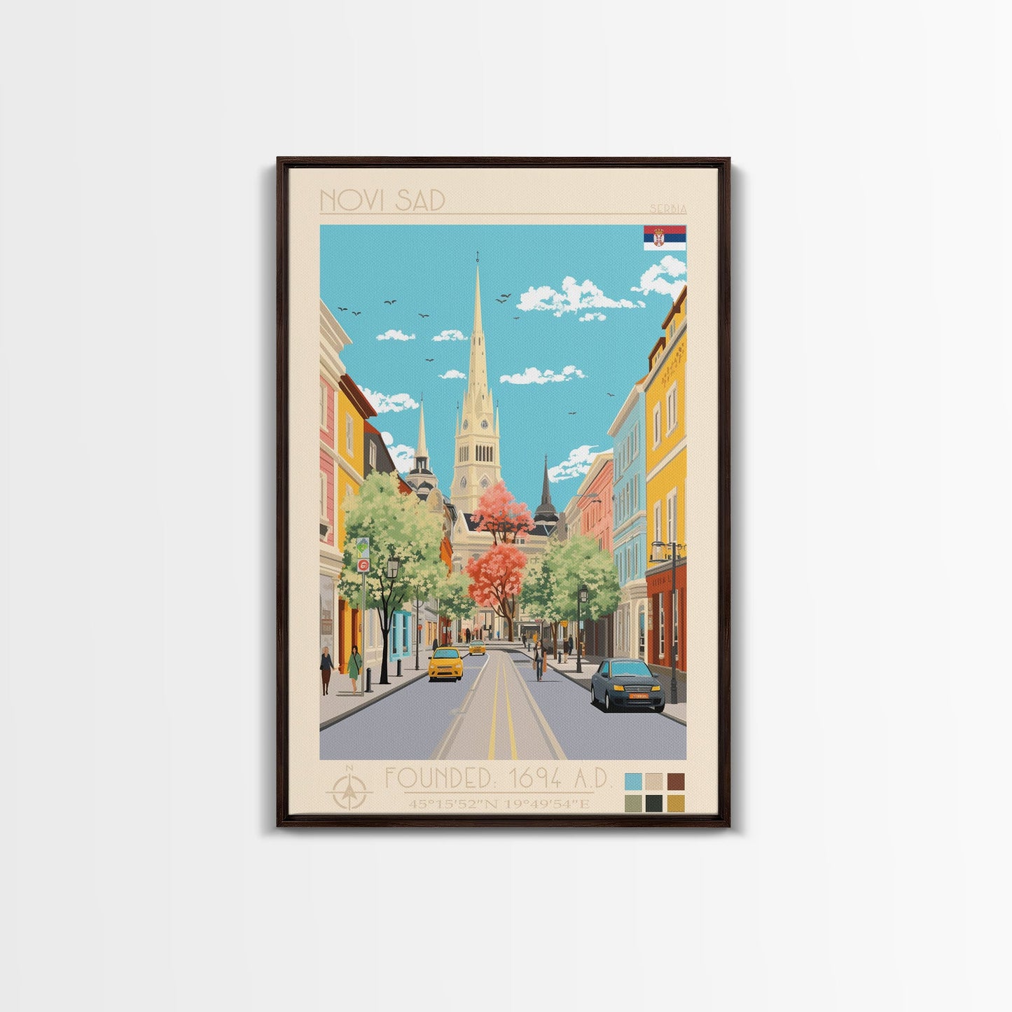 Novi Sad Serbia Travel Poster Framed Canvas Print, Midcentury Modern Art, Pop Art Wall Decor, Scenic Wall Art, Bedroom Decoration