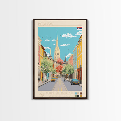 Novi Sad Serbia Travel Poster Framed Canvas Print, Midcentury Modern Art, Pop Art Wall Decor, Scenic Wall Art, Bedroom Decoration