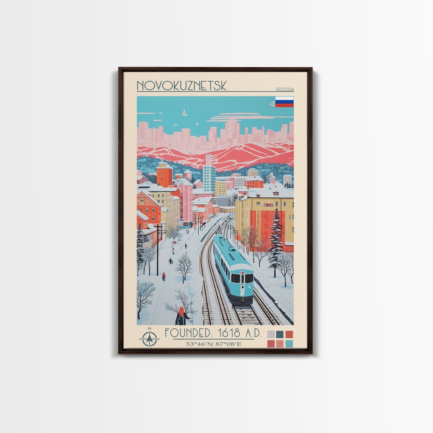 Novokuznetsk Russia Travel Poster Framed Canvas Print, Midcentury Modern Art, Pop Art Wall Decor, Scenic Wall Art, Living Room Decoration, Office Art