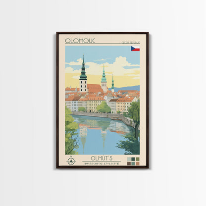 Olomouc Czech Republic Travel Poster Framed Canvas Print, Midcentury Modern Art, Pop Art Wall Decor, Scenic Wall Art, Living Room Decoration, Office Gift
