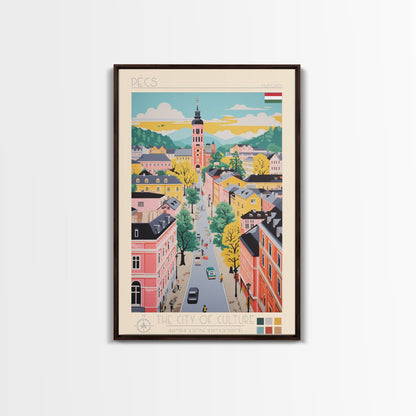 Pécs Hungary Travel Poster Framed Canvas Print, Midcentury Modern Art, Pop Art Wall Decor, Living Room Art, Home Decoration