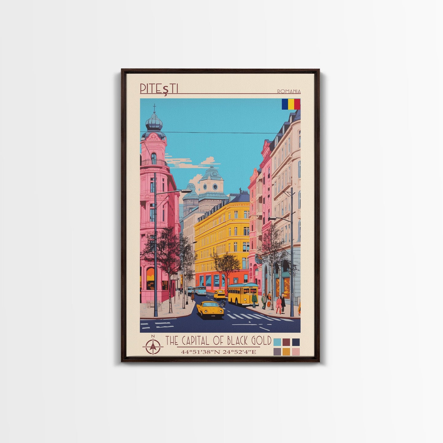 Pitești Romania Travel Poster Framed Canvas Print, Midcentury Modern Art, Pop Art Wall Decor, Home Decor, Vacation Gift, Bedroom Art