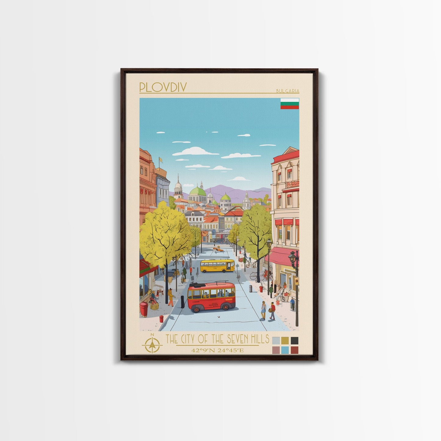 Plovdiv Bulgaria Travel Poster Framed Canvas Print, Midcentury Modern Art, Pop Art Wall Decor, Living Room Art, Home Decoration