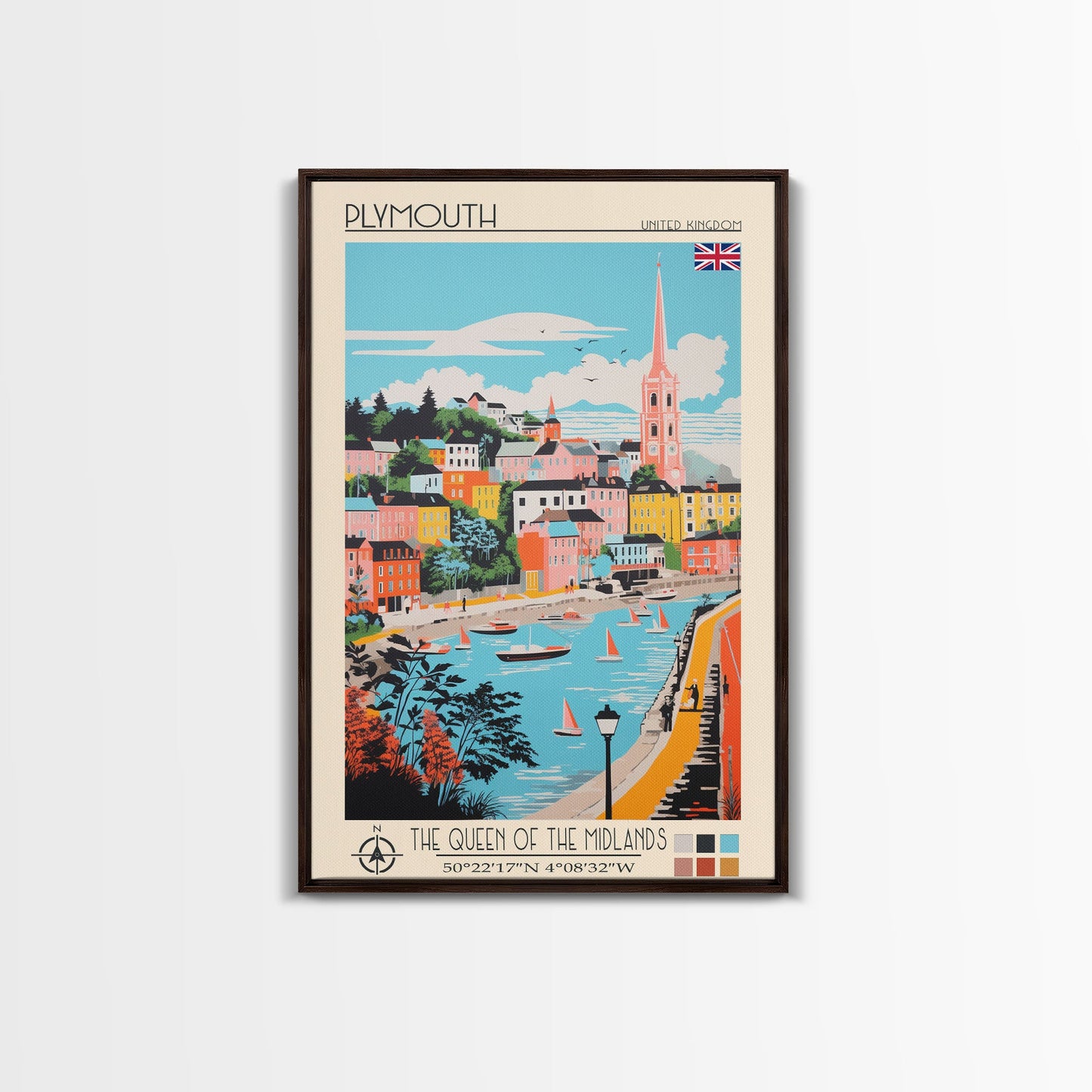 Plymouth United Kingdom Travel Poster Framed Canvas Print, Midcentury Modern Art, Pop Art Wall Decor, Scenic Bedroom Art, Office Decoration