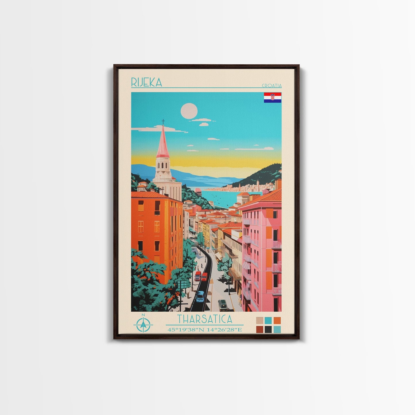Rijeka Croatia Travel Poster Framed Canvas Print, Midcentury Modern Art, Pop Art Wall Decor, Scenic Wall Art, Living Room Decoration, Office Art