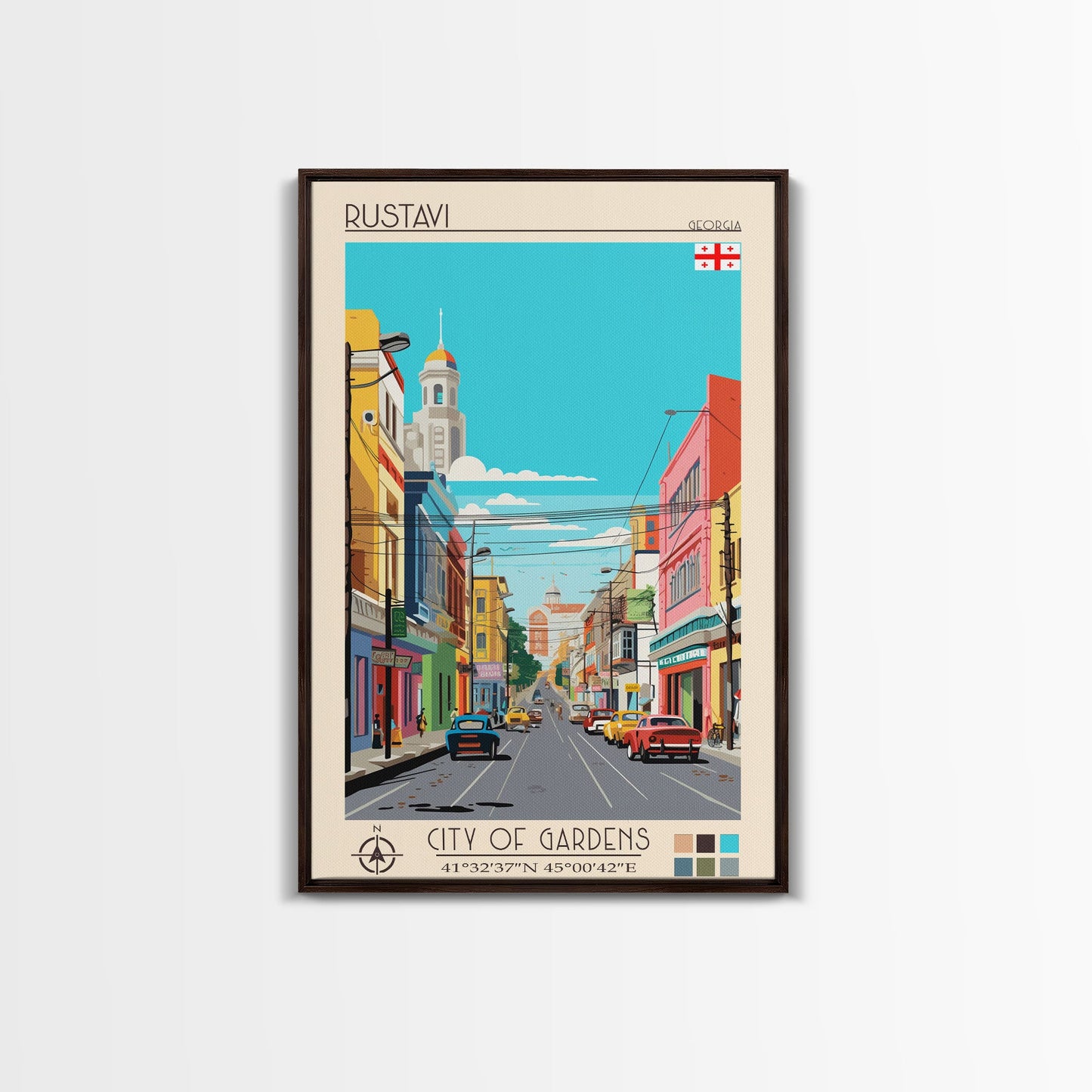 Rustavi Georgia Travel Poster Framed Canvas Print, Midcentury Modern Art, Pop Art Wall Decor, Scenic Wall Art, Bedroom Decoration