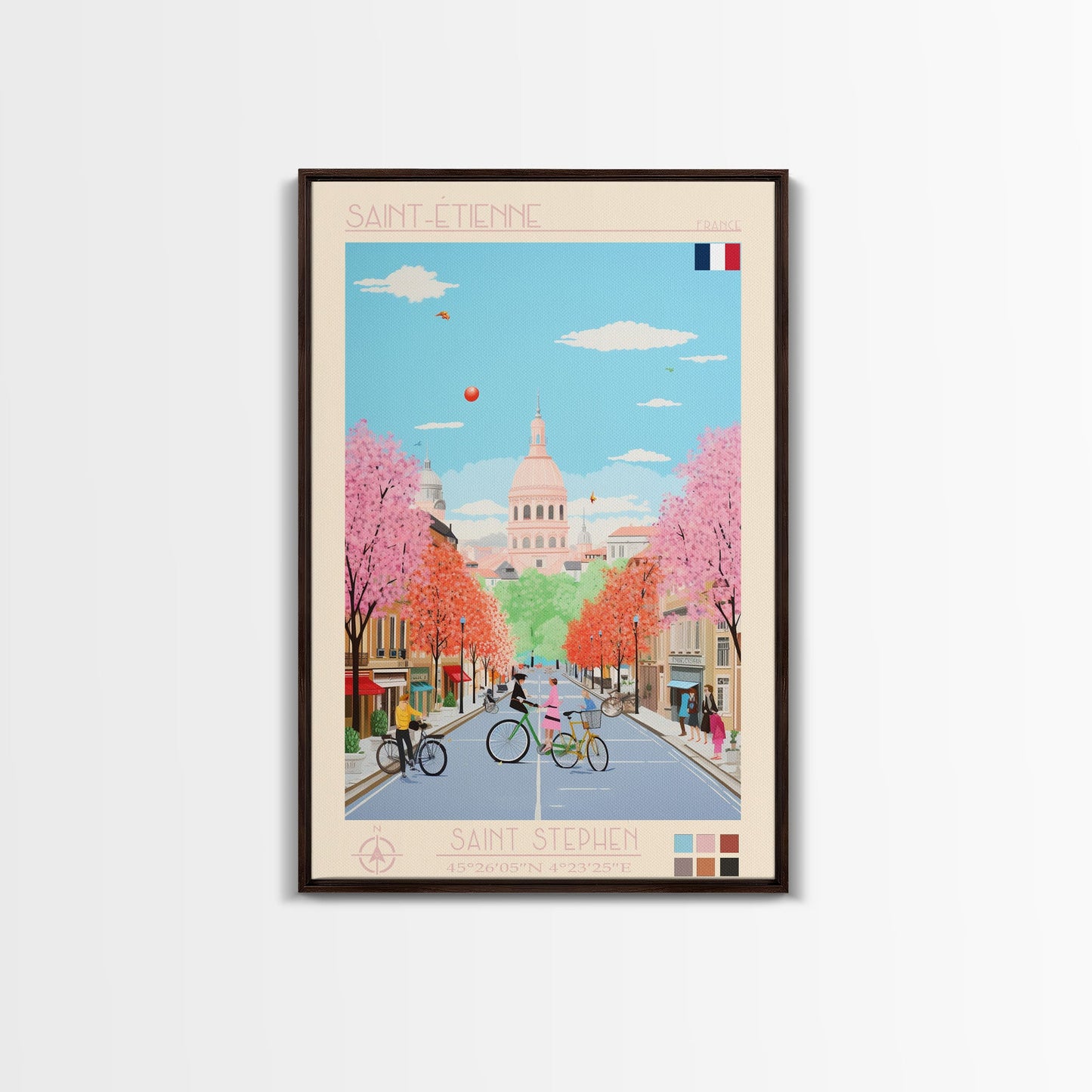 Saint-Étienne France Travel Poster Framed Canvas Print, Midcentury Modern Art, Pop Art Wall Decor, Living Room Art, Vacation Gift