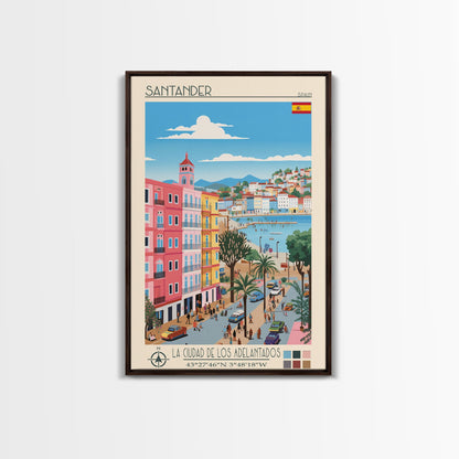 Santander Spain Travel Poster Framed Canvas Print, Midcentury Modern Art, Pop Art Wall Decor, Scenic Wall Art, Vacation Gift