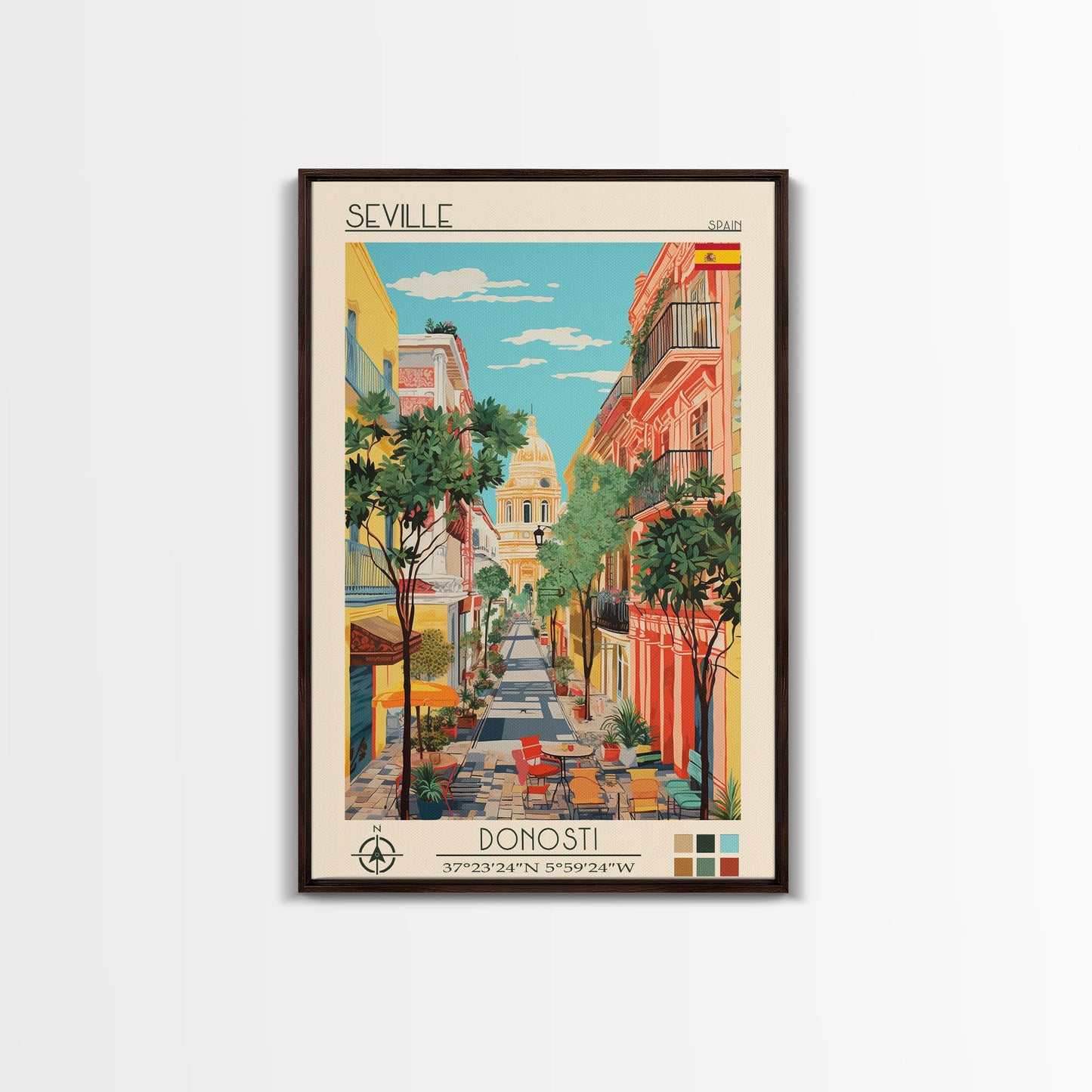 Seville Spain Travel Poster Framed Canvas Print, Midcentury Modern Art, Pop Art Wall Decor, Living Room Art, Home Decoration