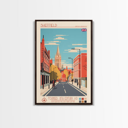 Sheffield United Kingdom Travel Poster Framed Canvas Print, Midcentury Modern Art, Pop Art Wall Decor, Home Decor, Vacation Gift, Office Art