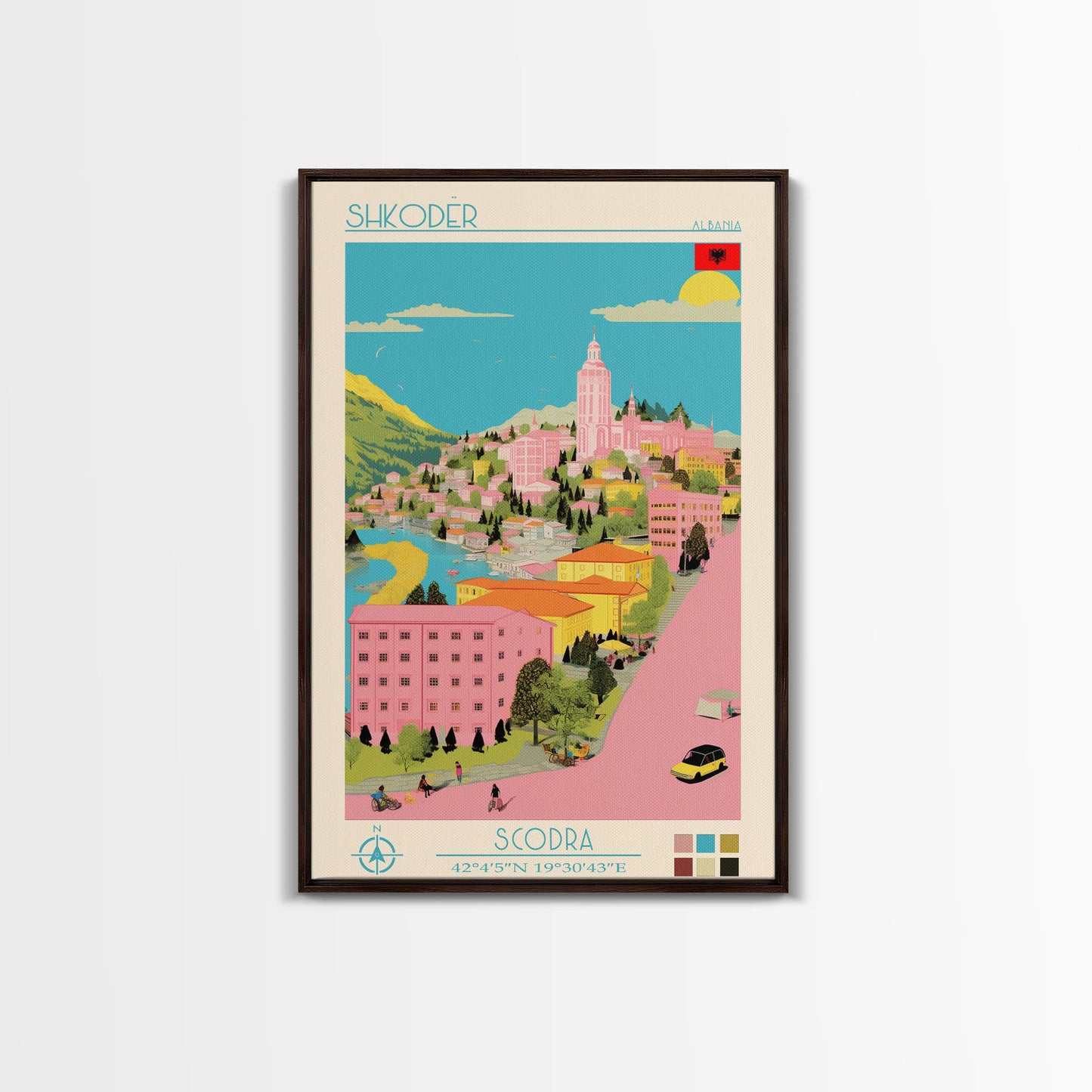 Shkodër Albania Travel Poster Framed Canvas Print, Midcentury Modern Art, Pop Art Wall Decor, Scenic Wall Art, Bedroom Decoration