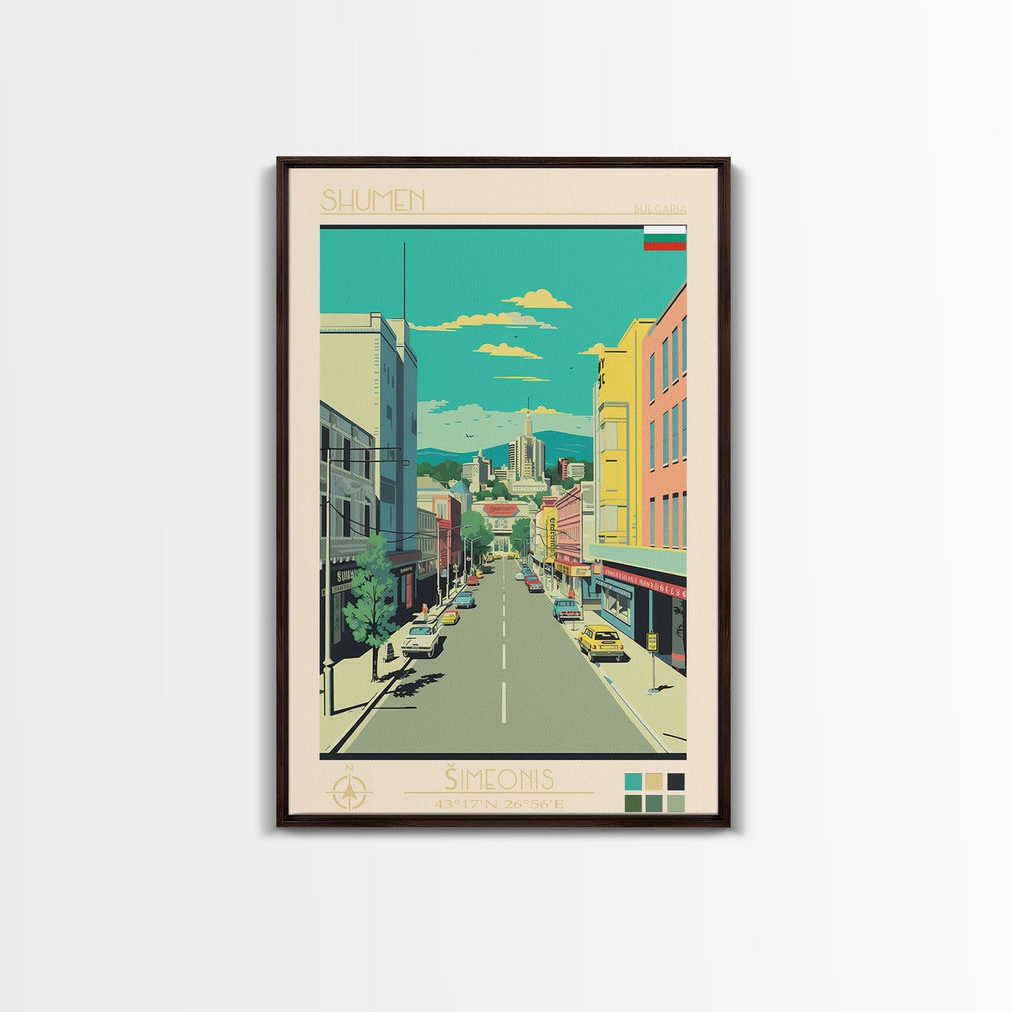 Shumen Bulgaria Travel Poster Framed Canvas Print, Midcentury Modern Art, Pop Art Wall Decor, Home Decor, Office Decoration, Scenic Art