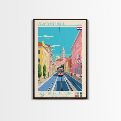 Slavonski Brod Croatia Travel Poster Framed Canvas Print, Midcentury Modern Art, Pop Art Wall Decor, Home Decor, Office Decoration