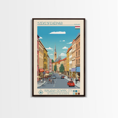 Székesfehérvár Hungary Travel Poster Framed Canvas Print, Midcentury Modern Art, Pop Art Wall Decor, Living Room Art, Vacation Gift