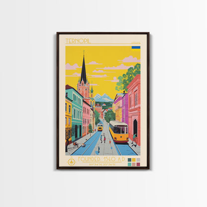 Ternopil Ukraine Travel Poster Framed Canvas Print, Midcentury Modern Art, Pop Art Wall Decor, Living Room Art, Scenic Wall Art