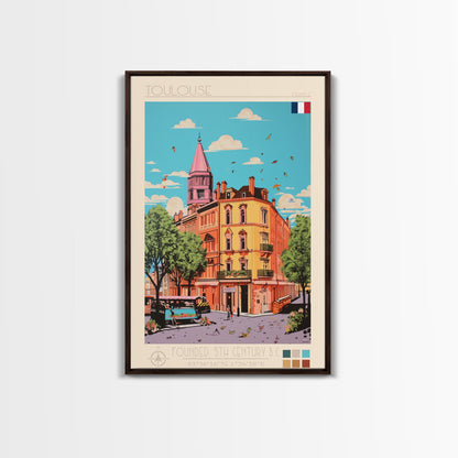 Toulouse France Travel Poster Framed Canvas Print, Midcentury Modern Art, Pop Art Wall Decor, Living Room Art, Scenic Wall Art
