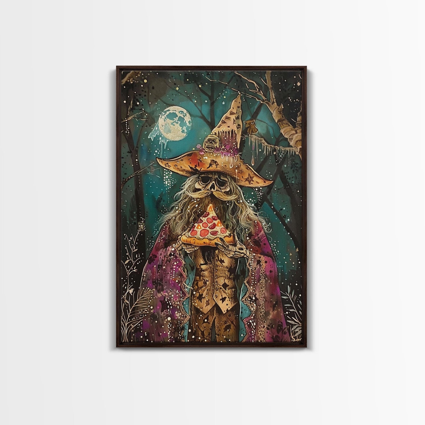 Ghostly Wizard Having A  Slice of Pizza, Funny Halloween Decor, Framed Canvas Print