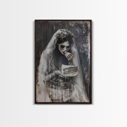Melancholic Ghost Bride Having A Slice of Birthday Cake, Framed Canvas Print, Halloween Decor