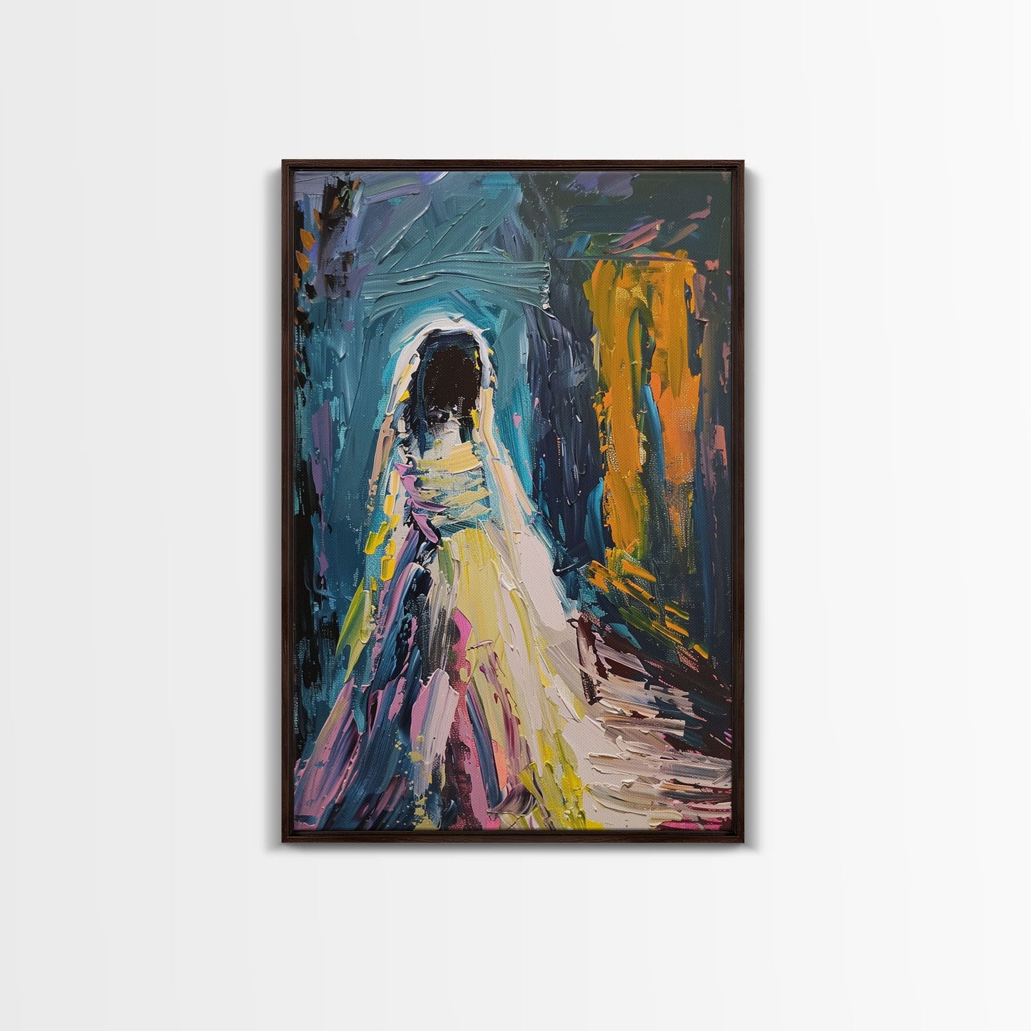 Halloween Haunted Veiled Ghost, Framed Canvas Print, Wall Art, Living Room Decor, Spooky, Ghost Art, Original Painting, Home Decor