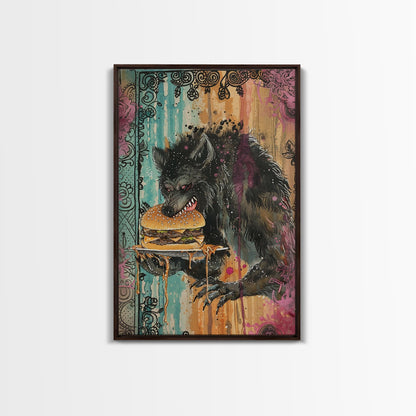 Halloween Creepy Werewolf with Burger Framed Canvas Print, Wall Art, Living Room Decor, Kitchen Art, Unique Halloween Gift, Spooky Decor