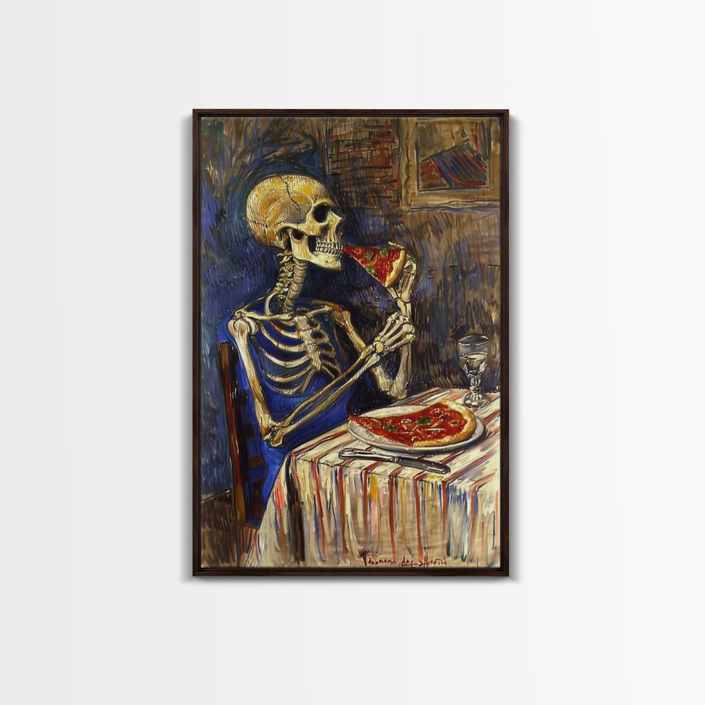 Funny Skeleton Eating A Pizza, Framed Canvas Print, Halloween Decor