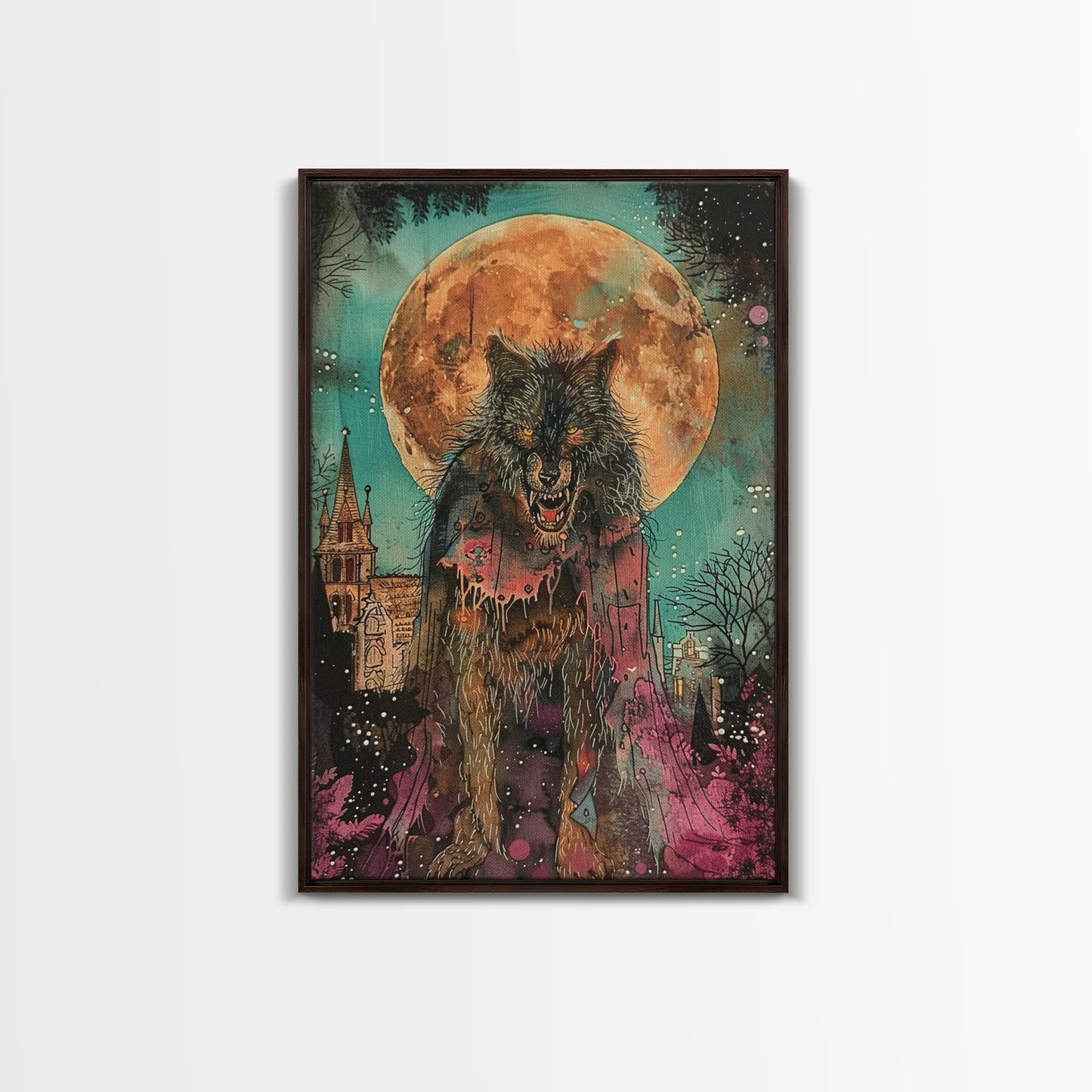 Fierce Werewolf with Blood Moon Framed Canvas Print | Halloween Monster Art | Spooky Werewolf Decor for Home | Intense Full Moon Artwork