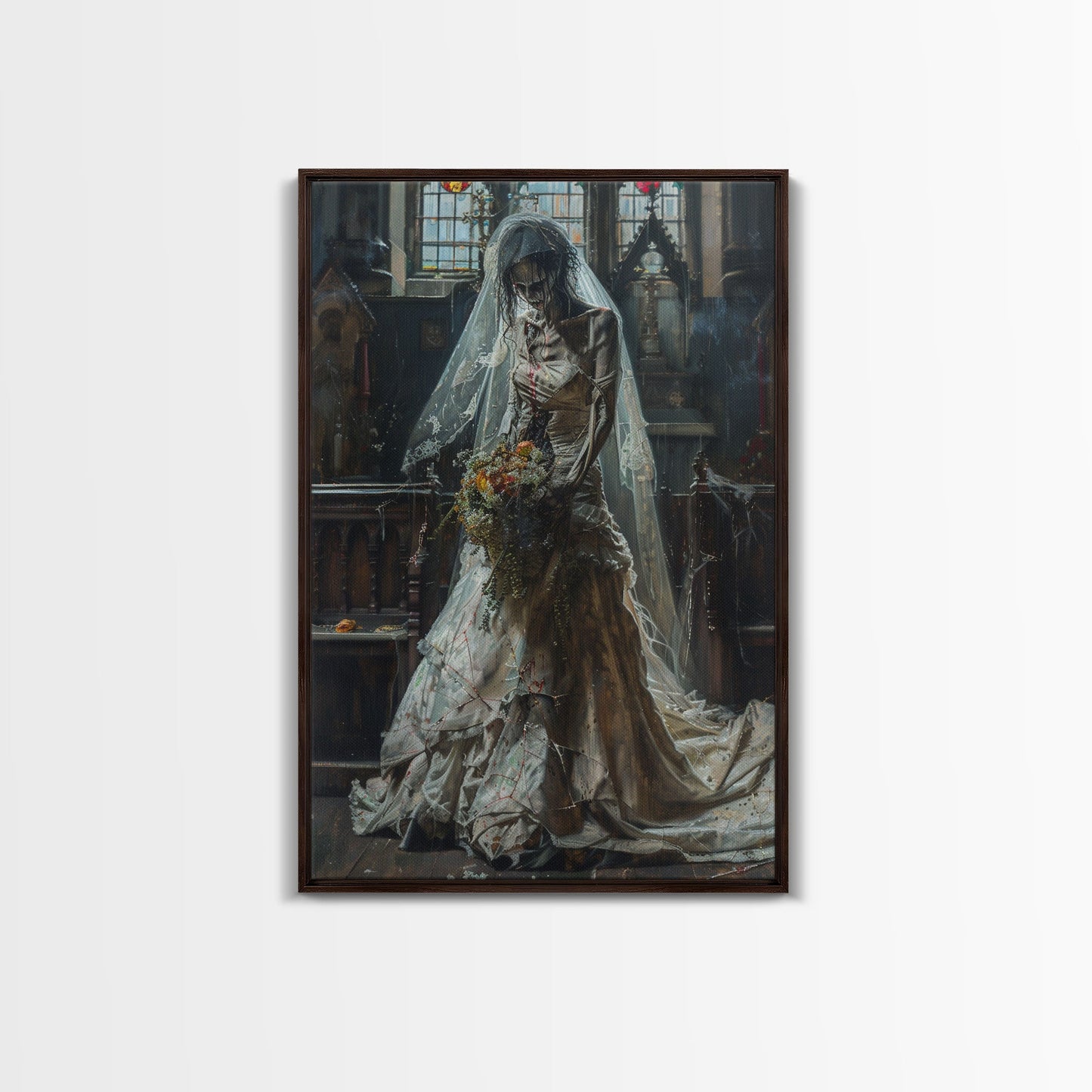 Ghostly Bride in Abandoned Church Framed Canvas Print | Halloween Bride Art | Eerie Bride Decor for Home | Haunted Wedding Artwork