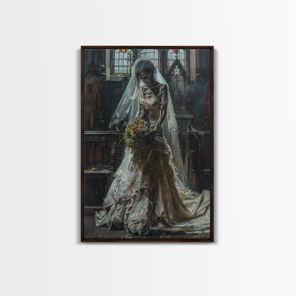 Ghostly Bride in Abandoned Church Framed Canvas Print | Halloween Bride Art | Eerie Bride Decor for Home | Haunted Wedding Artwork