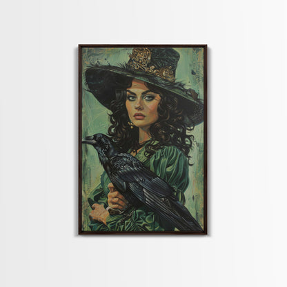 Raven Witch in Green Dress - Halloween Wall Art - Spooky Home Decor - Witch and Raven Painting - Gothic Halloween Decoration