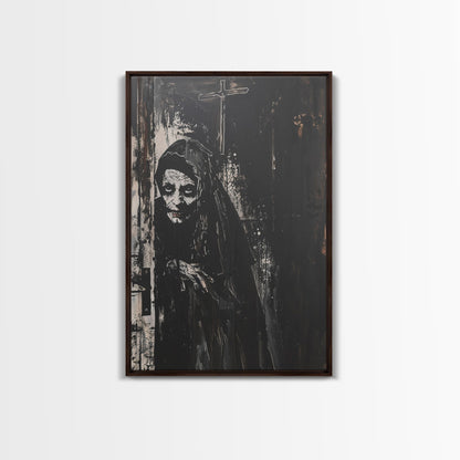 Haunted Nun with Eerie Expression, Framed Canvas Print, Gothic Halloween Art, Spooky Religious Decor, Scary Nun Painting, Gothic Home Art