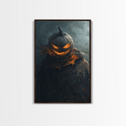 Menacing Pumpkin Head Monster Emerging from Fog - Creepy Halloween Horror Artwork Framed Canvas Print, Spooky Gothic Home Wall Decor