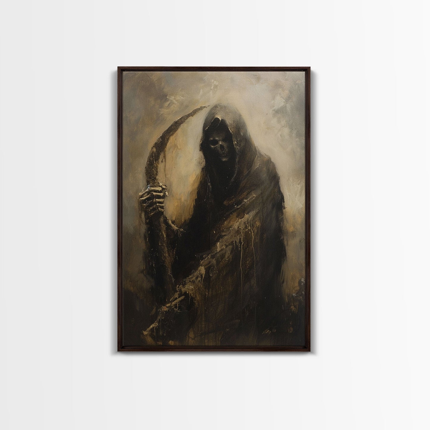 Haunting Grim Reaper with Scythe - Dark Halloween Nightmare Gothic Art Framed Canvas Print, Spooky Wall Decor