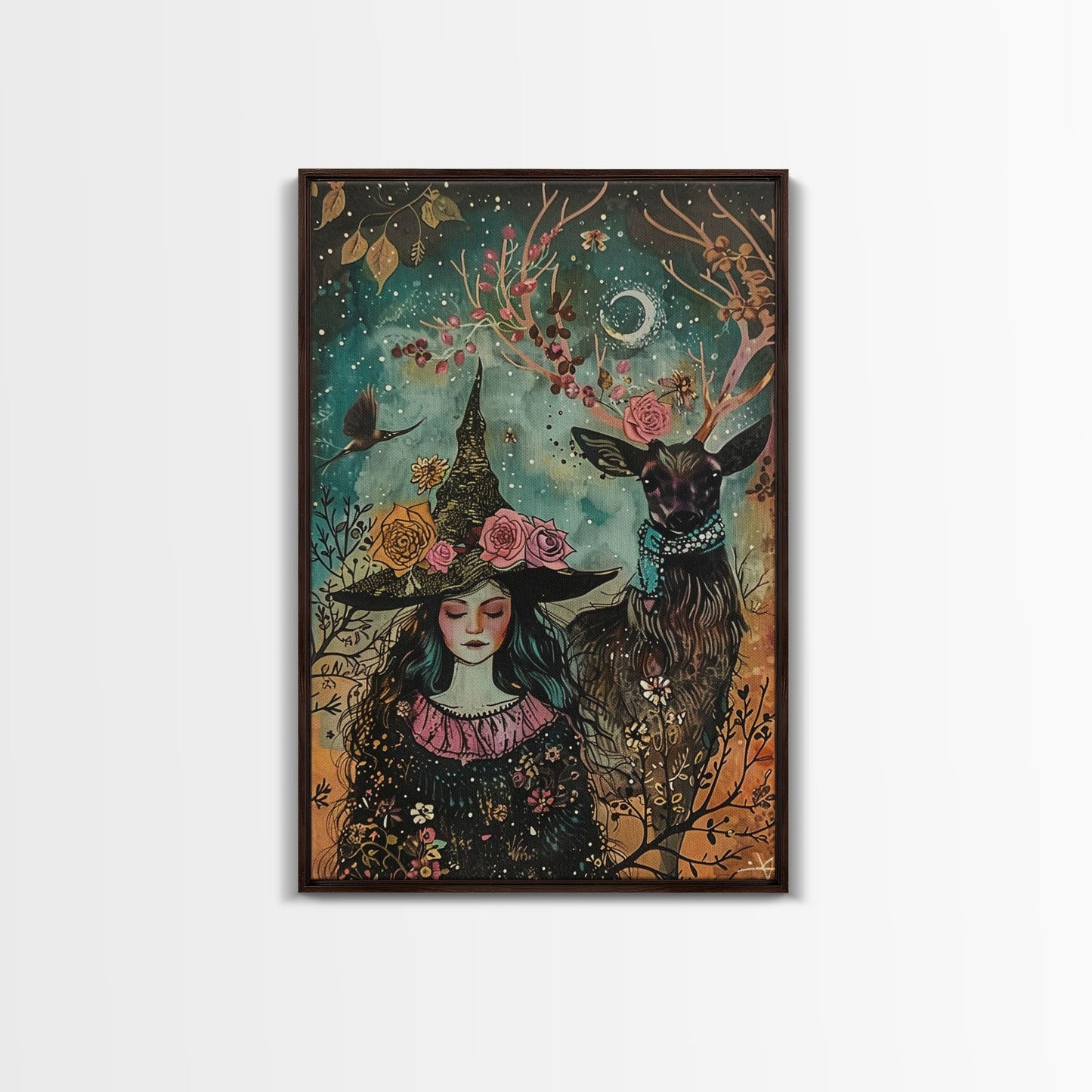 Elegant Witch with Tortoise - Halloween Art, Gothic Art, Spooky Decor, Dark Nature Art, Haunting Portrait, Framed Canvas Print