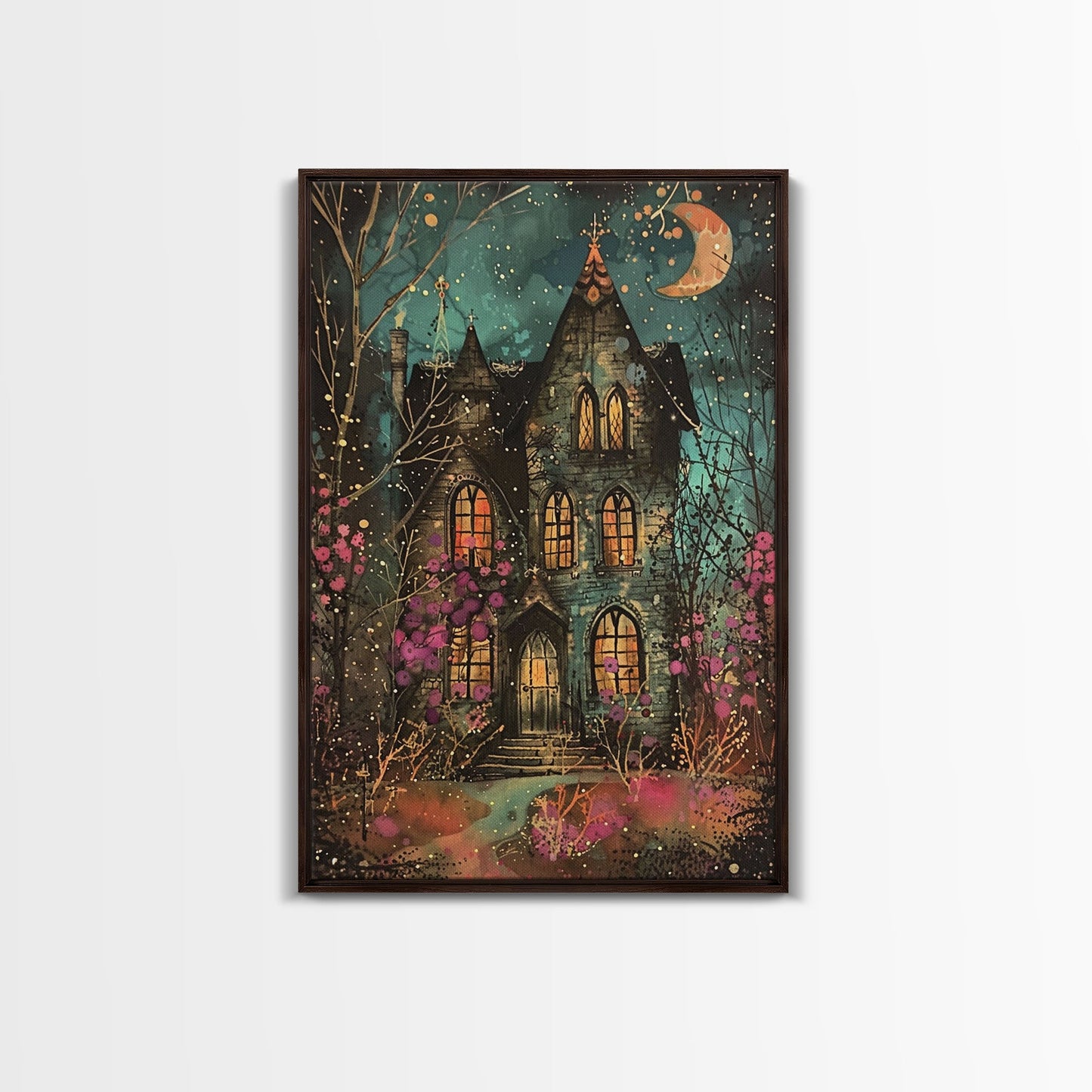 Enchanted Gothic House Framed Canvas Print, Halloween Wall Art, Spooky Art, Home Decor, Living Room Decor, Gothic Artwork, Haunted House
