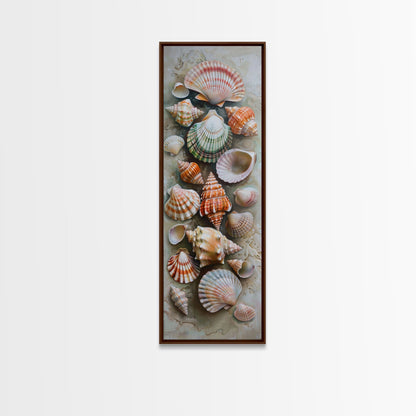 Printed Canvas Painting of Colorful Seashells on Beach, Vertical Coastal Art Print, Oversized Wall Art for Living Room, Housewarming Gift