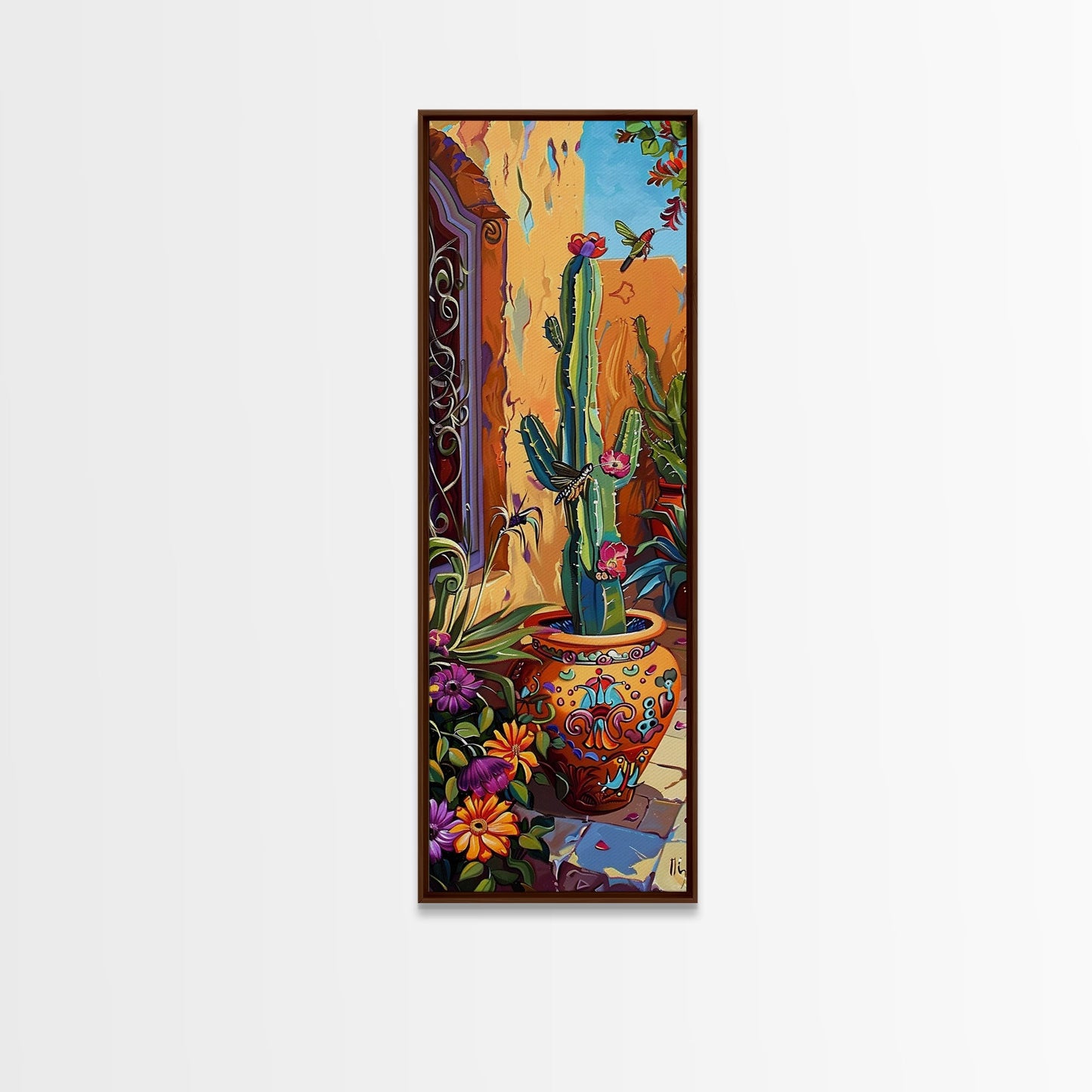 Colorful Canvas Painting of Cactus Framed, Botanical Wall Art Print, Spanish Inspired Canvas Painting, Long and Narrow Living Room Wall Art