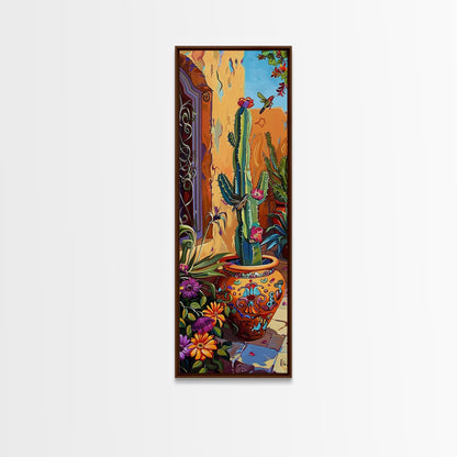Colorful Canvas Painting of Cactus Framed, Botanical Wall Art Print, Spanish Inspired Canvas Painting, Long and Narrow Living Room Wall Art