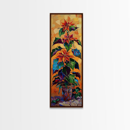 Oversized Spanish Style Poinsettia Canvas Painting Framed and Printed, Botanical Wall Art, Textured Canvas Painting, Vertical Framed Art