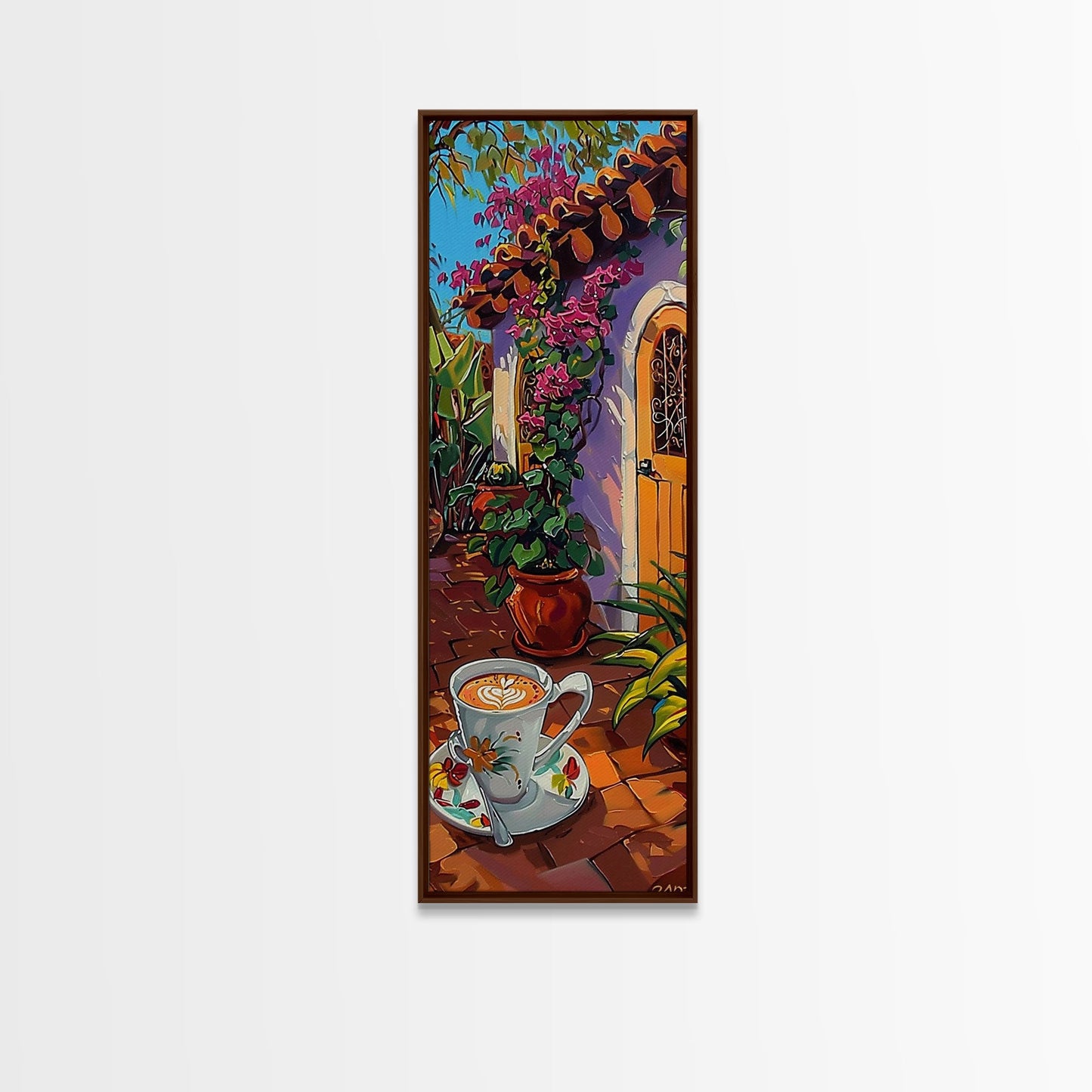 Rustic Garden Oil Painting Framed and Printed on Canvas, Tall Narrow Triptych Art Print, Coastal Art, Coffee Art, Contemporary Art Print