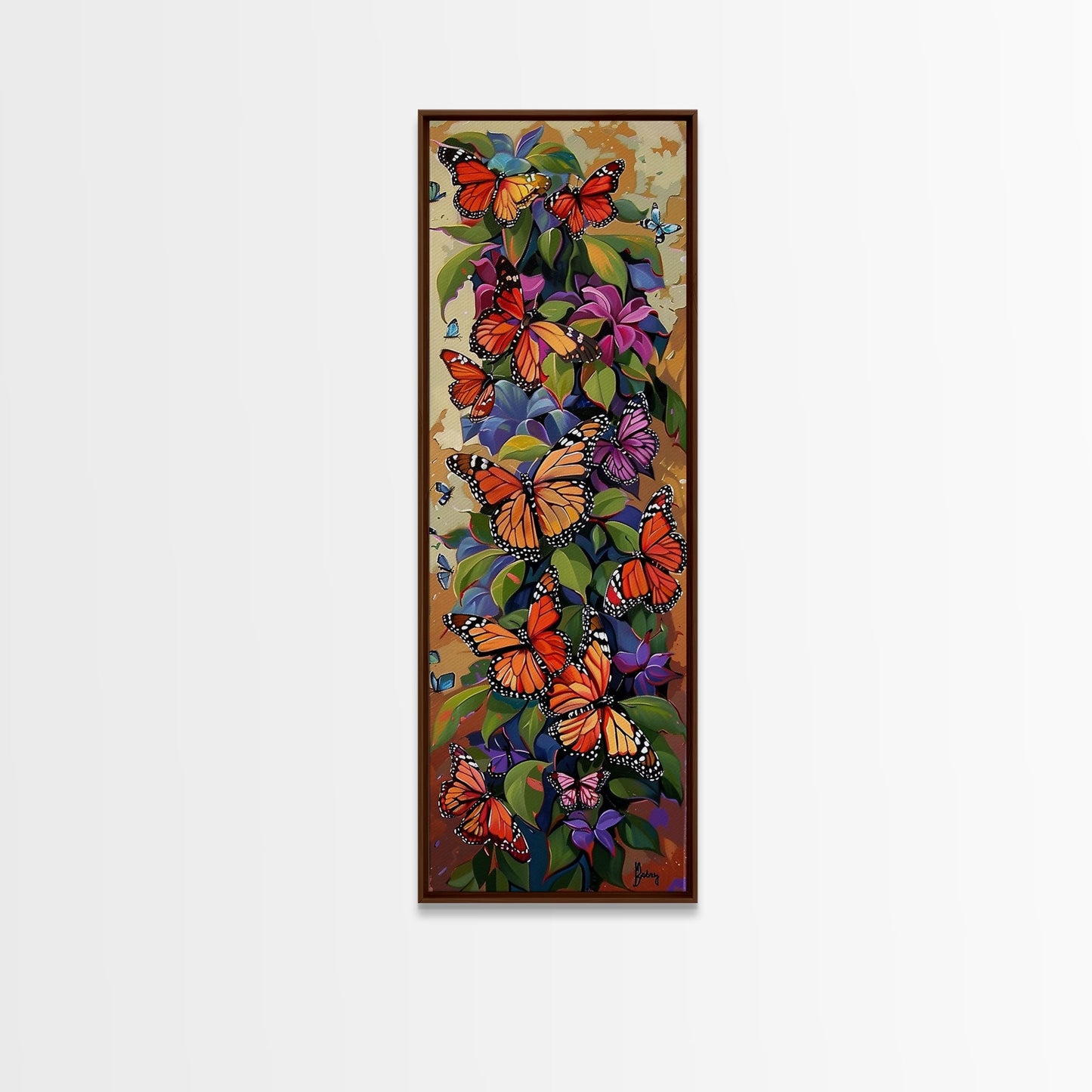 Colorful Butterfly Vertical Framed Canvas Oil Painting, Abstract Botanical Wall Art, Gouache Style Painted Art, Housewarming Gift for Her